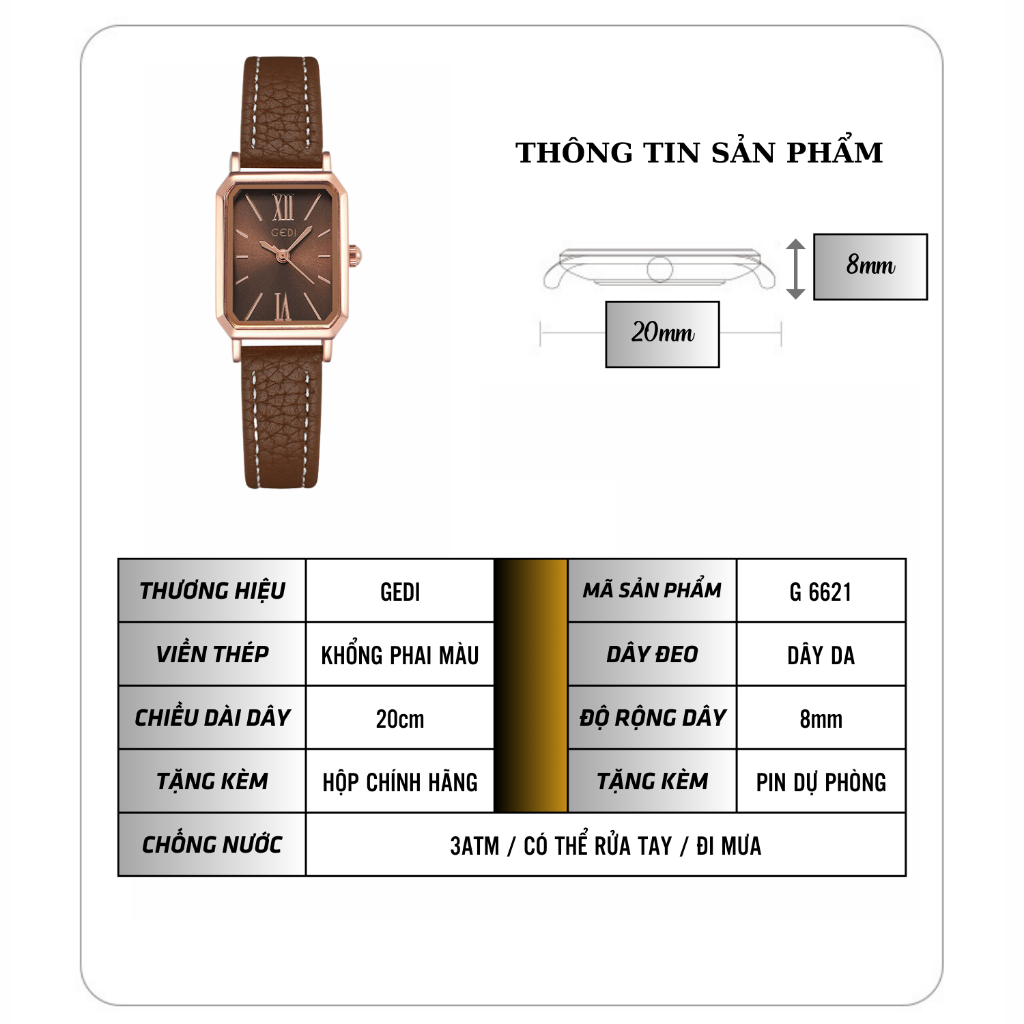 Đồng Hồ Nữ Chính Hãng Chống Nước Dây Da Mặt Vuông Sang Trọng Phù Hợp Tay Nhỏ Bảo Hành 12 Tháng GEDI 6612