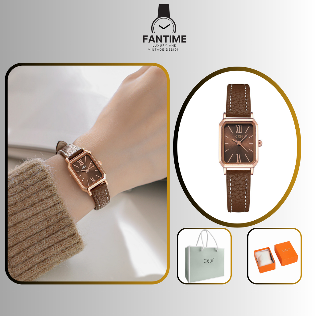 Đồng Hồ Nữ Chính Hãng Chống Nước Dây Da Mặt Vuông Sang Trọng Phù Hợp Tay Nhỏ Bảo Hành 12 Tháng GEDI 6612