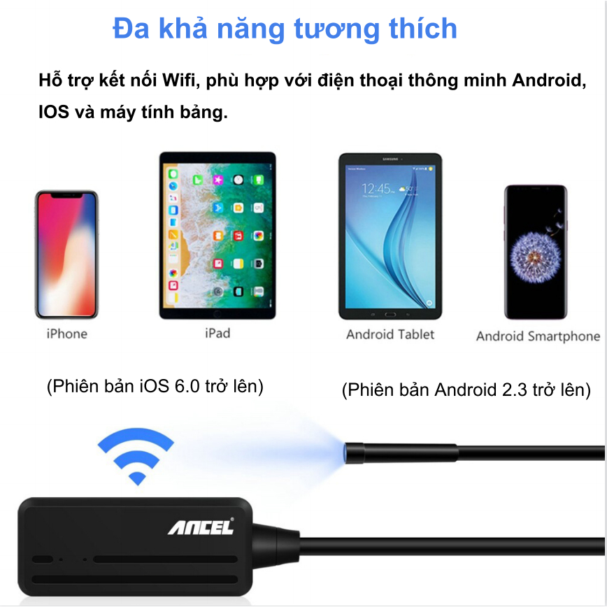 ANCEL W655 WiFi Nội soi HD Kiểm tra Máy ảnh Nội soi không thấm nước 1080P 6500K Android IOS PC HD