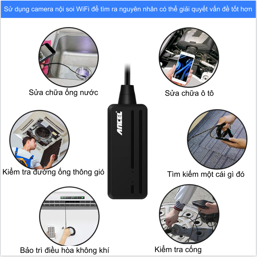 ANCEL W655 WiFi Nội soi HD Kiểm tra Máy ảnh Nội soi không thấm nước 1080P 6500K Android IOS PC HD