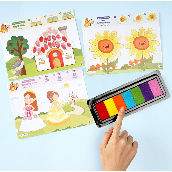 Sách tô màu vân tay cho bé Finger painting Lalala baby gồm 41 trang kèm sẵn 7 màu