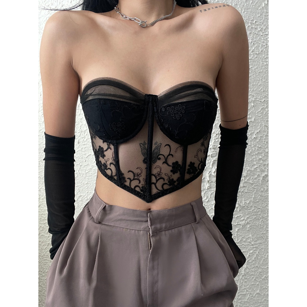 Áo Corset Ren Nữ Quyến Rũ LA PERBRA Áo Bra Ren Quây Đắp Lưới Cúp Ngang Áo Bra 2 Dây Có Gọng Có Mút - Lily Corset | BigBuy360 - bigbuy360.vn