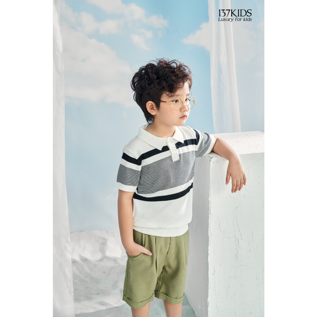 Áo len mongtoghi polo dệt kim 137Kids tay ngắn kiểu kẻ sọc ngang tháng mát cho bé