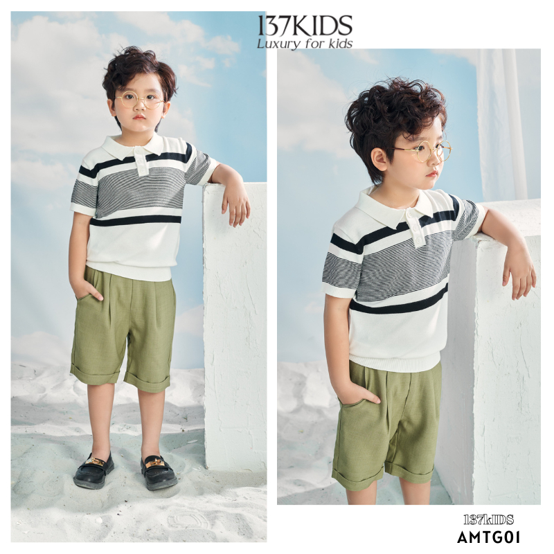 Áo len mongtoghi polo dệt kim 137Kids tay ngắn kiểu kẻ sọc ngang tháng mát cho bé