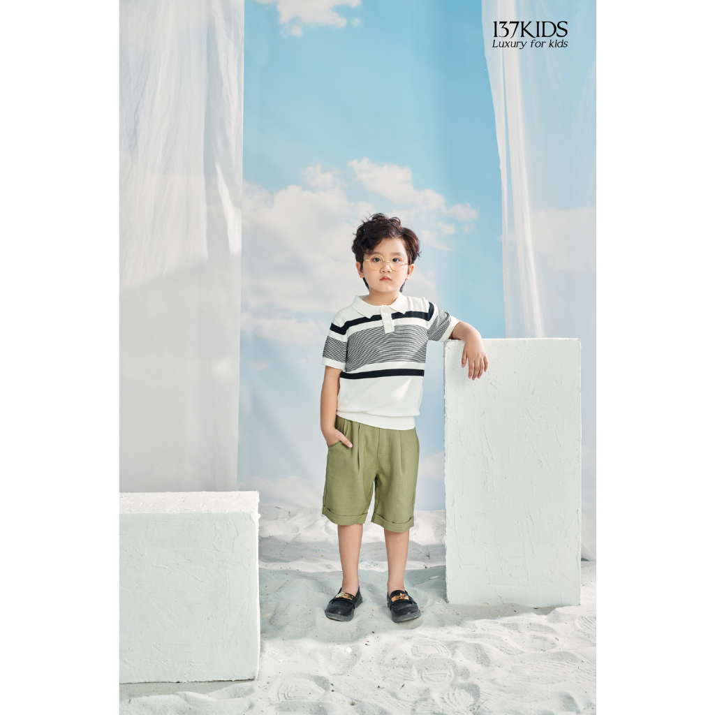 Áo len mongtoghi polo dệt kim 137Kids tay ngắn kiểu kẻ sọc ngang tháng mát cho bé