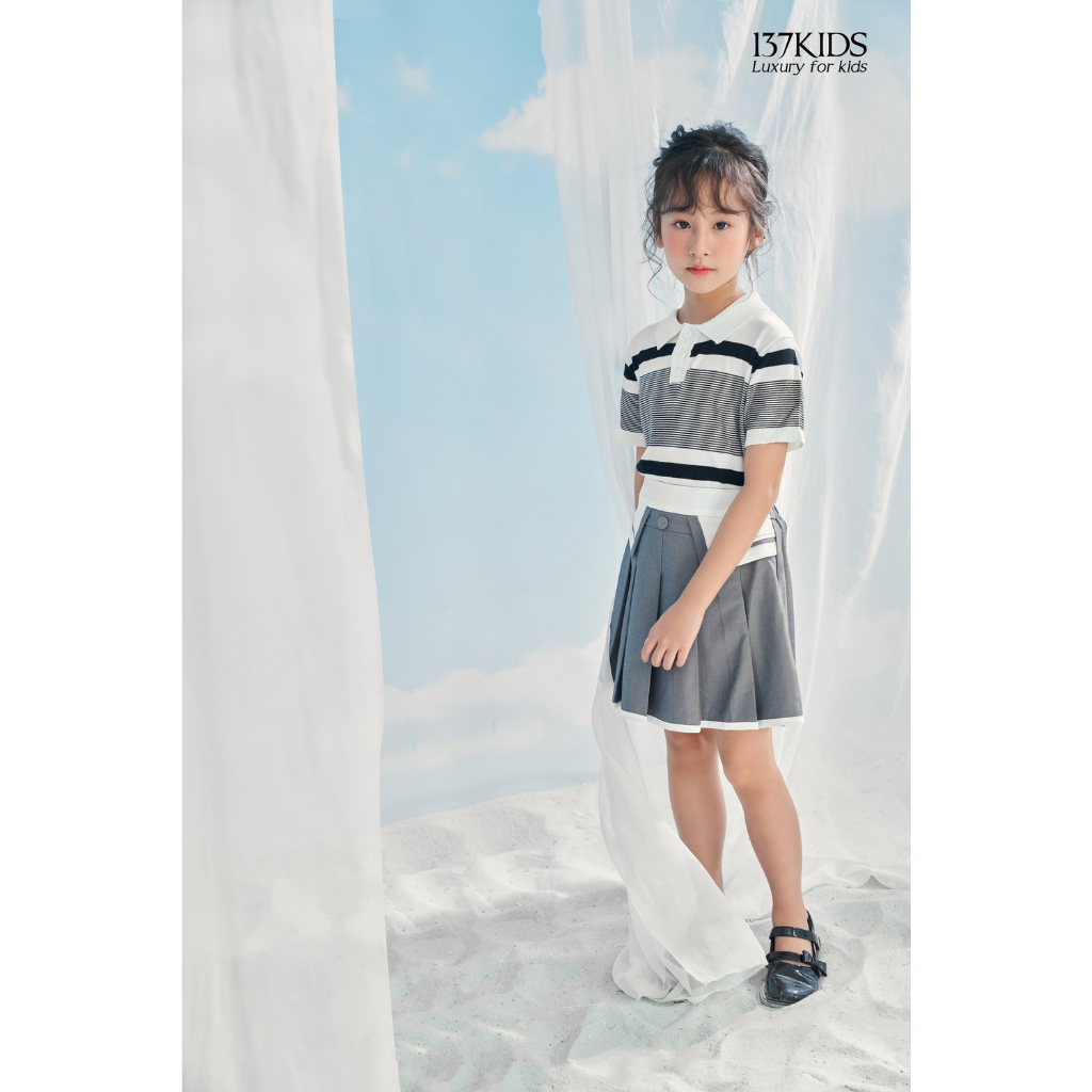 Áo len mongtoghi polo dệt kim 137Kids tay ngắn kiểu kẻ sọc ngang tháng mát cho bé