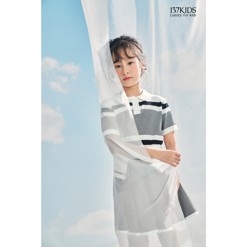 Áo len mongtoghi polo dệt kim 137Kids tay ngắn kiểu kẻ sọc ngang tháng mát cho bé