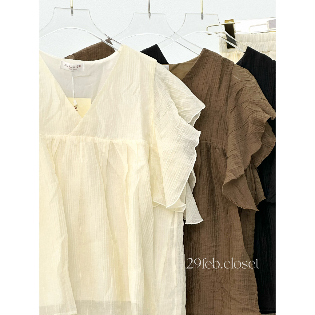 Set áo babydoll tay bèo kèm quần đùi short 29feb.closet cổ V 2 lớp chất voan tơ mềm mại form rộng mùa hè - S106