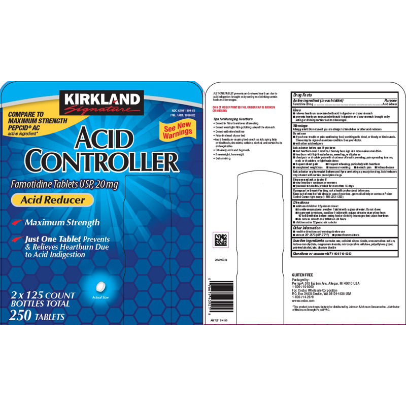 Viên uống Kirkland Signature Acid Controller 250 viên của Mỹ