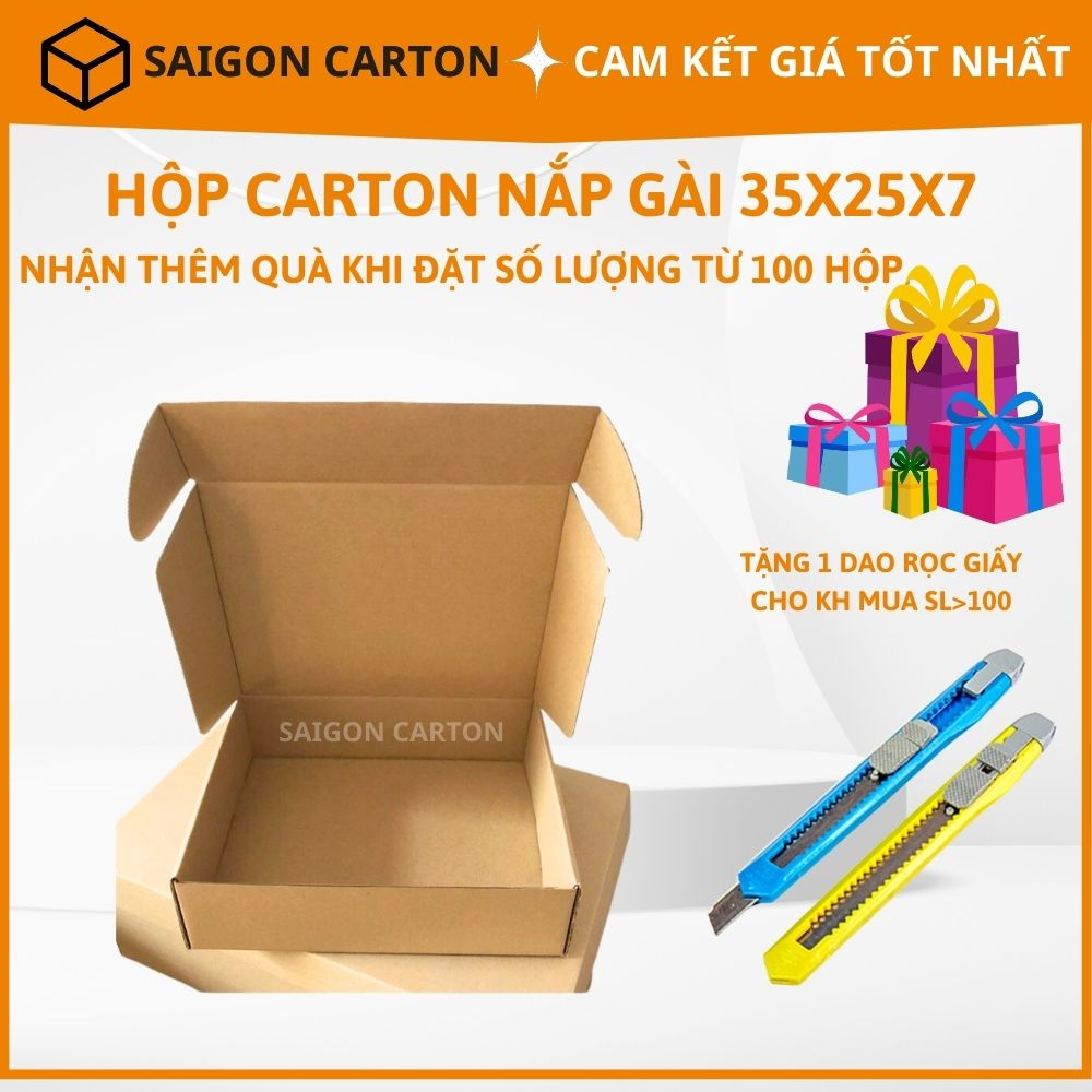 Hộp carton đóng gói hàng  NẮP GÀI size 35X25X7 cm - sản xuất bởi SÀI GÒN CARTON