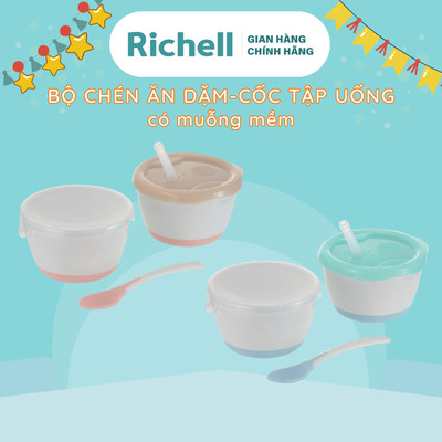 Bộ Cốc tập uống và Chén ăn dặm RICHELL Nhật kèm muỗng mềm và nắp | Baby
