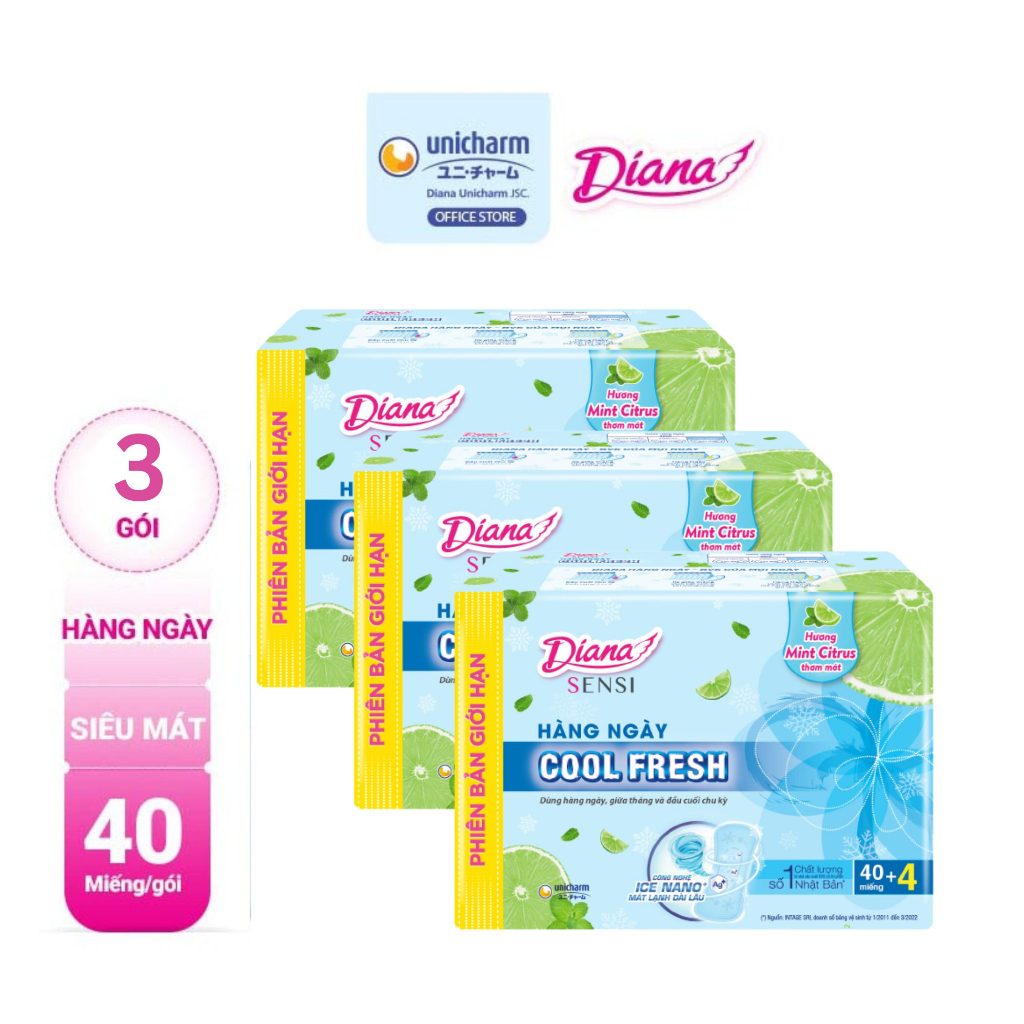 Bộ 3 Băng vệ sinh Diana hàng ngày Sensi Cool Fresh gói 40 miếng