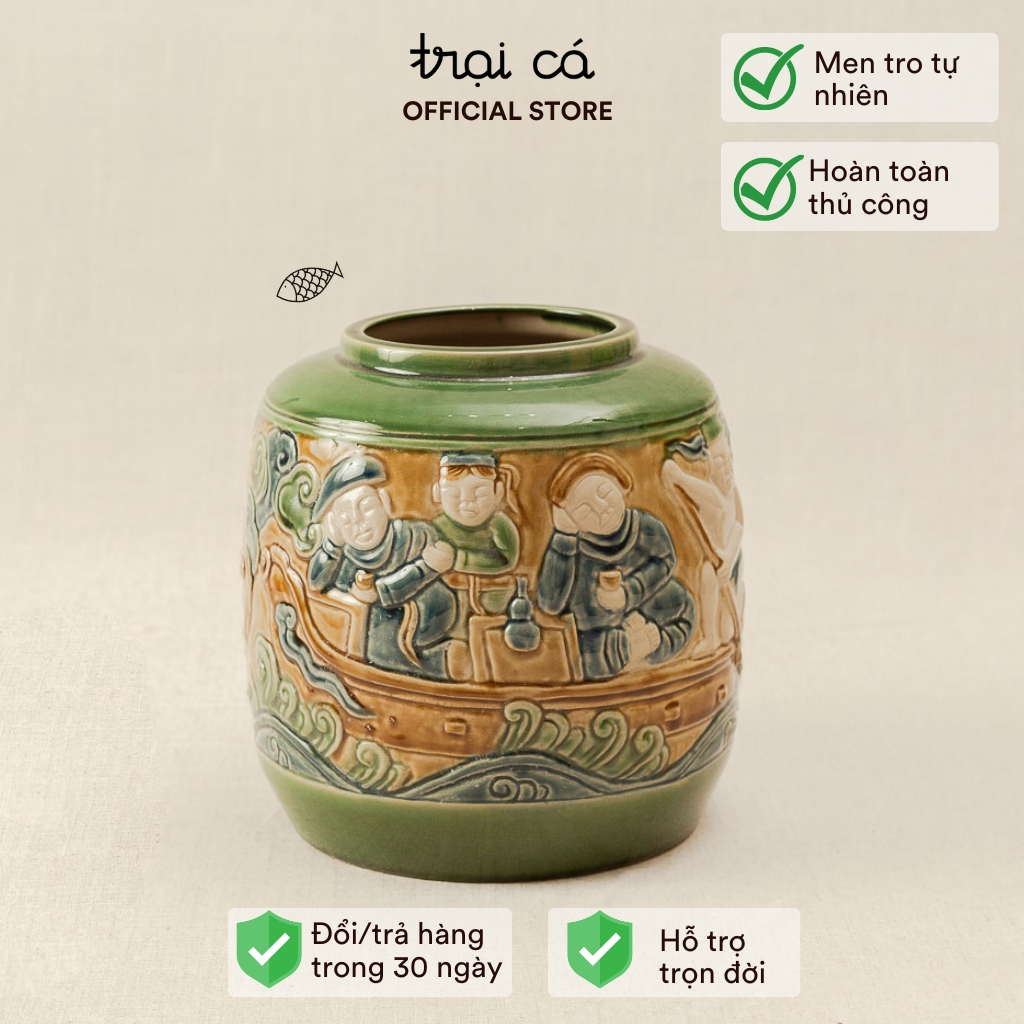 Bình Gốm Cắm Hoa Hiên Vân Decor Họa Tiết Dân Gian Chèo Thuyền TRẠI CÁ HOME 500g