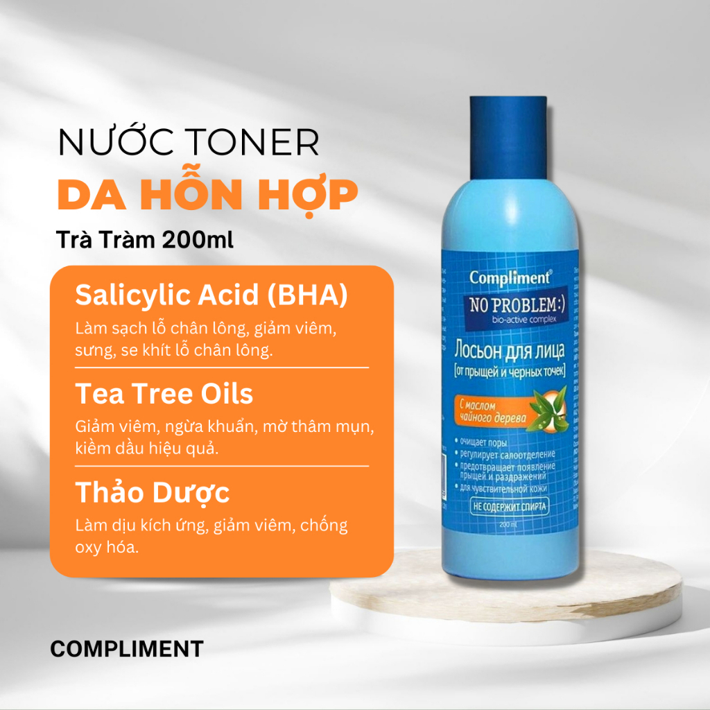 Nước Hoa Hồng Kiềm Dầu, Giảm Mụn, Mờ Thâm Compliment Tea Tree Oil No Problem 200ml