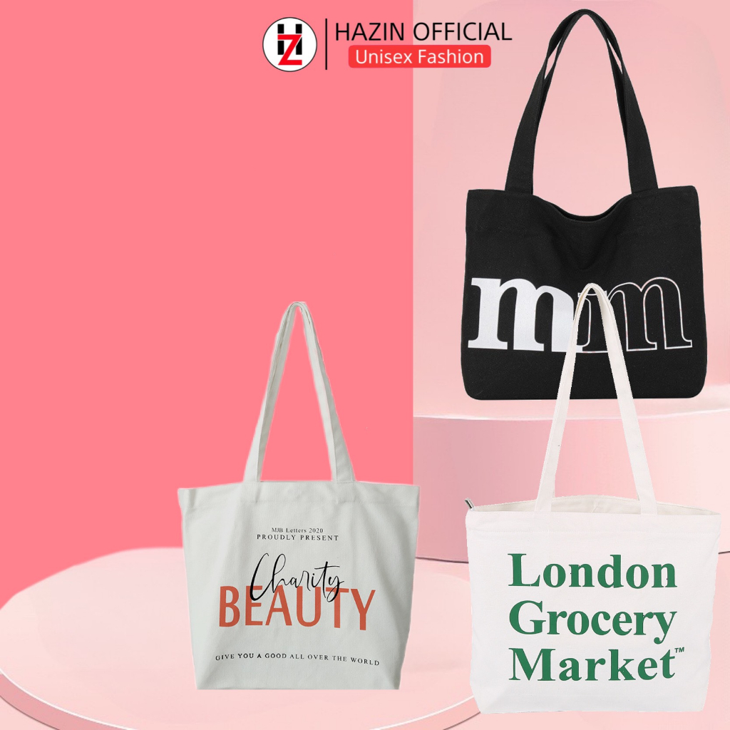 Túi tote HAZIN vải canvas ulzzang unisex đi học đi chơi có khoá miệng ngăn phụ nhỏ đựng vừa khổ a4