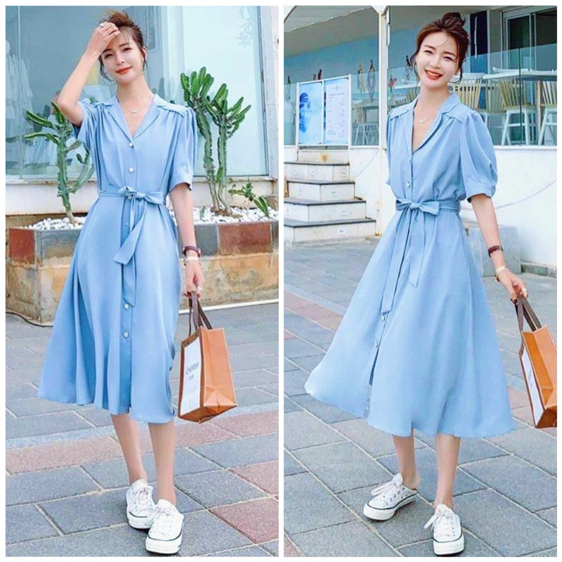 Đầm sơ mi xanh nút ngọc thắt eo (kèm hình thật)