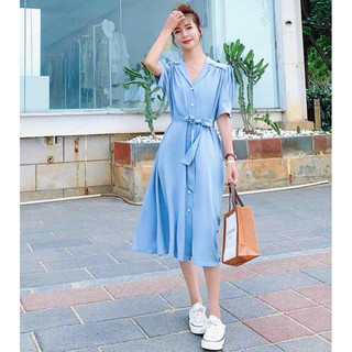 Đầm sơ mi xanh nút ngọc thắt eo (kèm hình thật)
