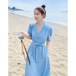 Đầm sơ mi xanh nút ngọc thắt eo (kèm hình thật)