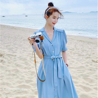 Đầm sơ mi xanh nút ngọc thắt eo (kèm hình thật)