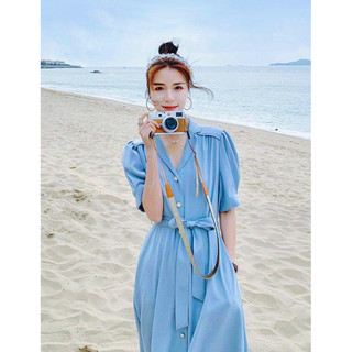 Đầm sơ mi xanh nút ngọc thắt eo (kèm hình thật)