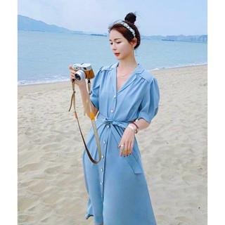 Đầm sơ mi xanh nút ngọc thắt eo (kèm hình thật)
