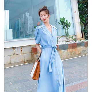 Đầm sơ mi xanh nút ngọc thắt eo (kèm hình thật)