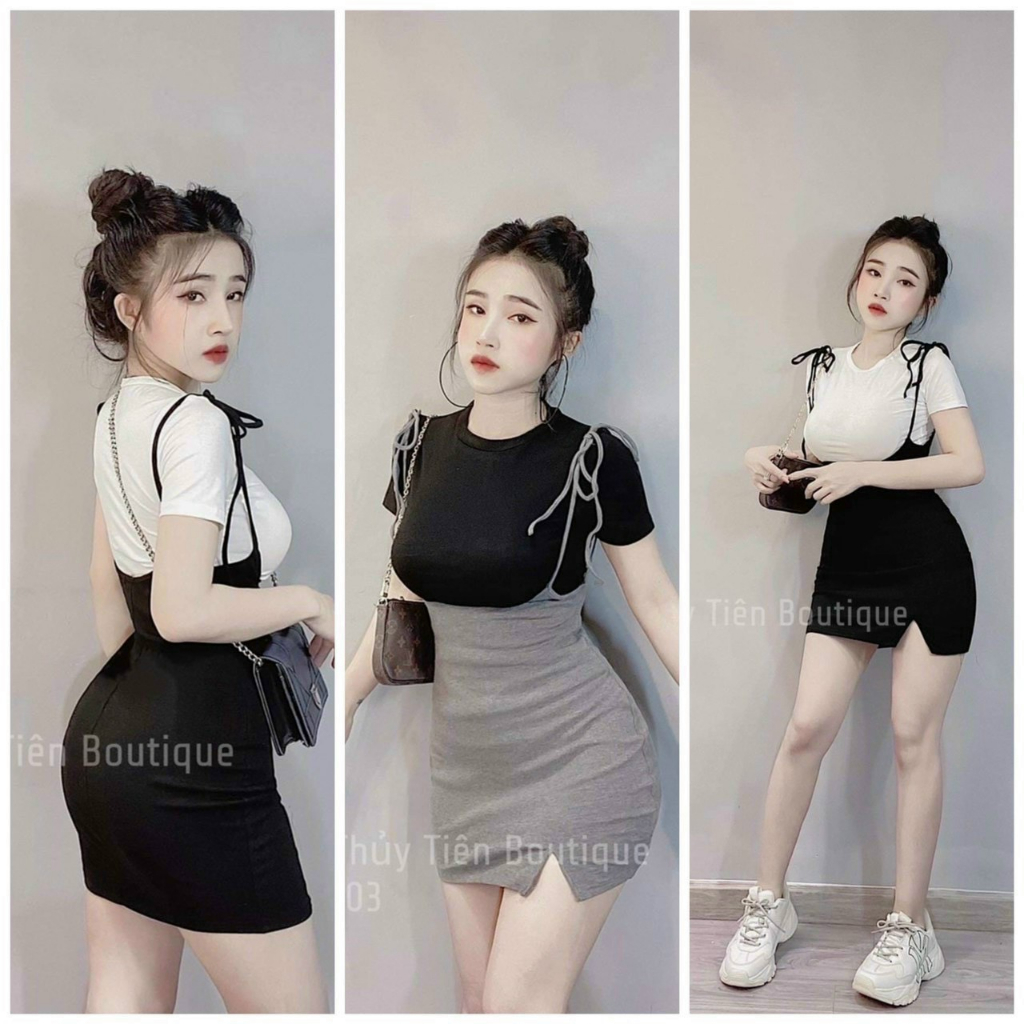 Sét áo thun tay ngắn kèm váy yếm xẻ đùi cột nơ vai siêu cute