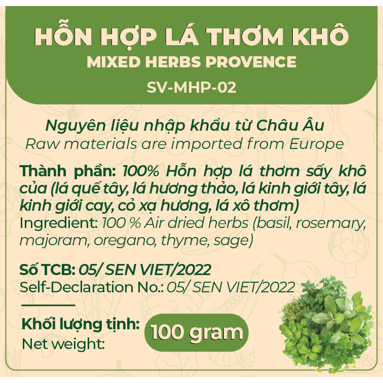 Lá thơm khô hỗ hợp Oregano, Basil, Thyme, Marjoram - Mixed Herbs Orange Chef túi 100G