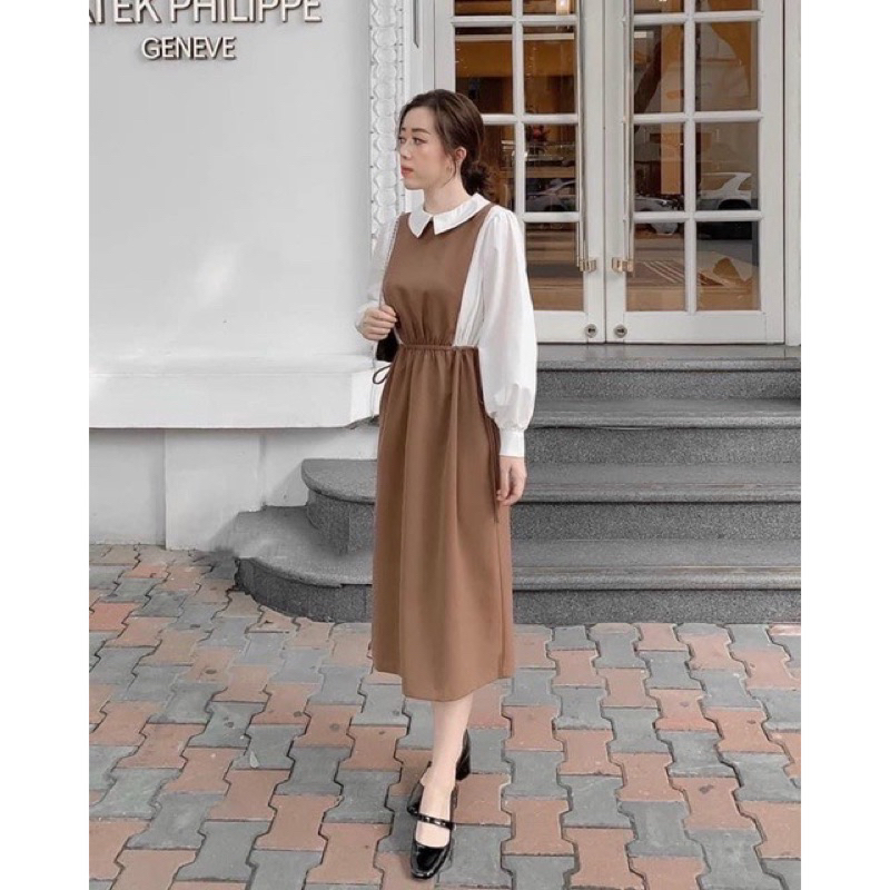 Đầm nâu phối trắng công sở thanh lịch