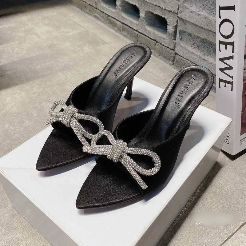 AT01- Dép cao gót mũi nhọn bản ngang dán nơ xoàn gót nhọn cao 7p Bigsize 35-43