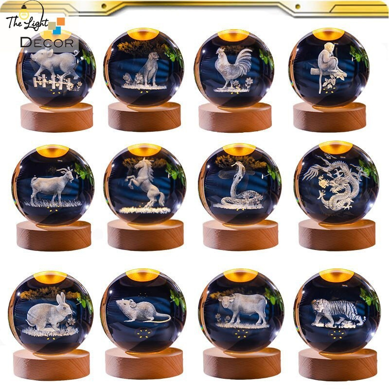 Bộ Quà Tặng Quả Cầu Pha Lê 3D larser LED 12 Con Giáp Tuổi Ngọ