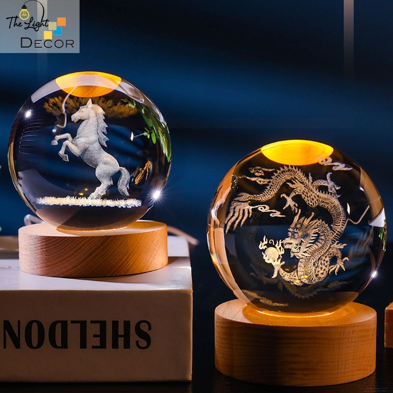 Bộ Quà Tặng Quả Cầu Pha Lê 3D larser LED 12 Con Giáp Tuổi Ngọ
