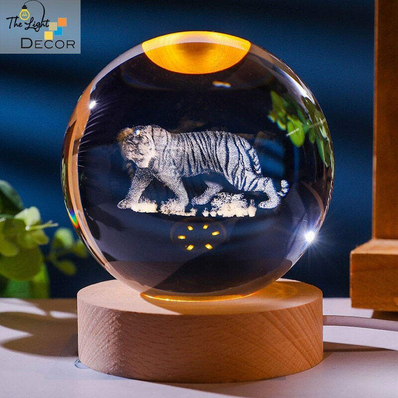Bộ Quà Tặng Quả Cầu Pha Lê 3D larser LED 12 Con Giáp Tuổi Dần