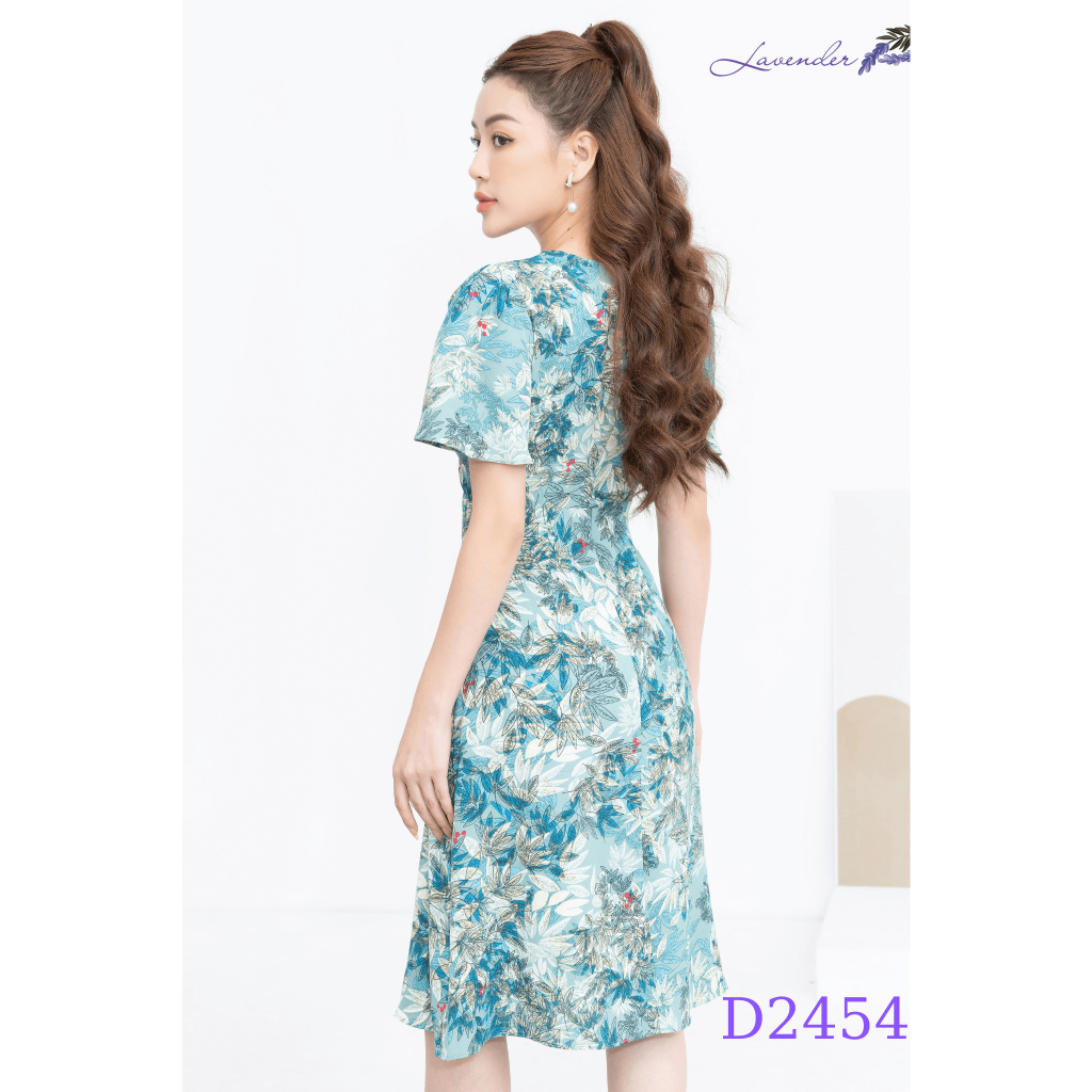 Đầm công sở thiết kế LAVENDER FASHION màu xanh xoắn ngực họa tiết D2454