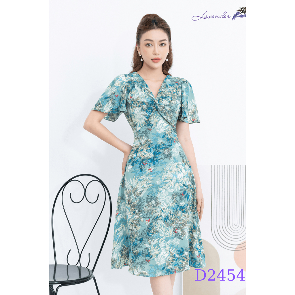 Đầm công sở thiết kế LAVENDER FASHION màu xanh xoắn ngực họa tiết D2454