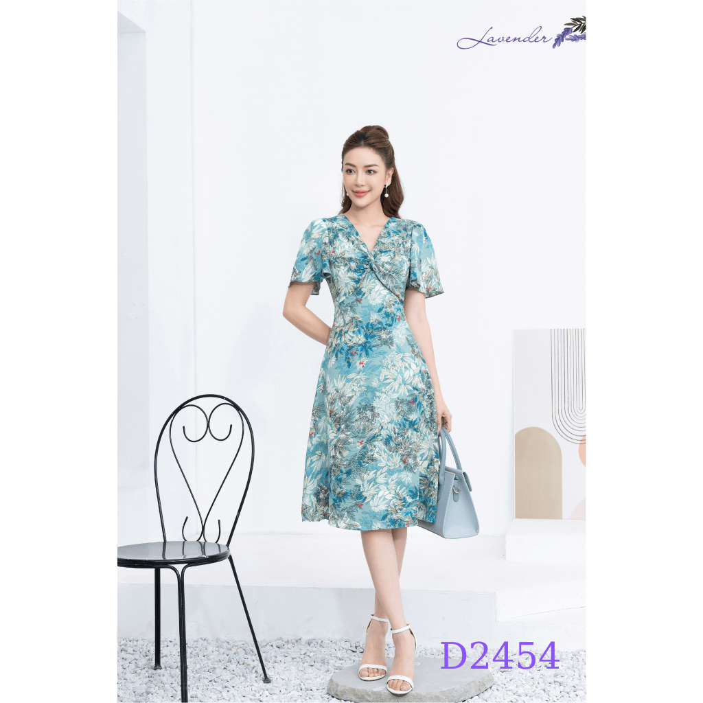Đầm công sở thiết kế LAVENDER FASHION màu xanh xoắn ngực họa tiết D2454
