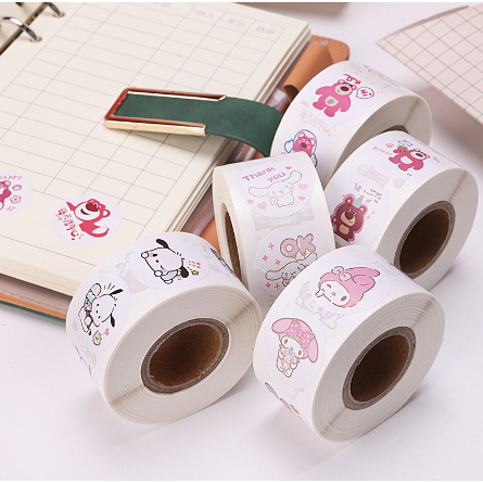 Cuộn 500 tem sticker nhãn dán hoạt hình sanrio trang trí, niêm phong, khen thưởng, cảm ơn thank you