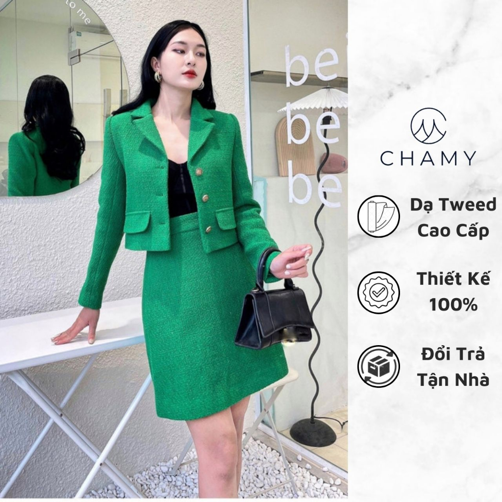 Set 𝐂𝐇𝐀𝐌𝐘 Gonna Dáng Crop Phối Túi Chất Liệu Dạ Tweed Cao Cấp