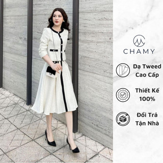 Set 𝐂𝐇𝐀𝐌𝐘 grace phối màu tương phản điểm khuy ngọc tinh tế chất dạ tweed cao cấp