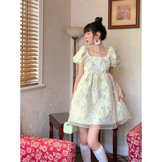 (R305) đầm babydoll xuân hè hai lớp tay phồng hoa nhí