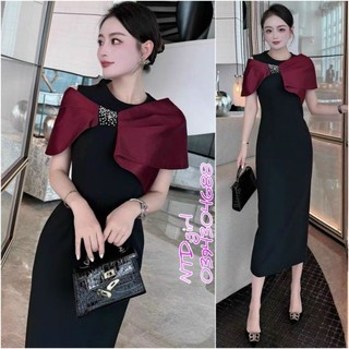 Hàng nhập - Đầm dáng ôm thun phối lụa choàng vai, váy body dự tiệc không tay cổ tròn