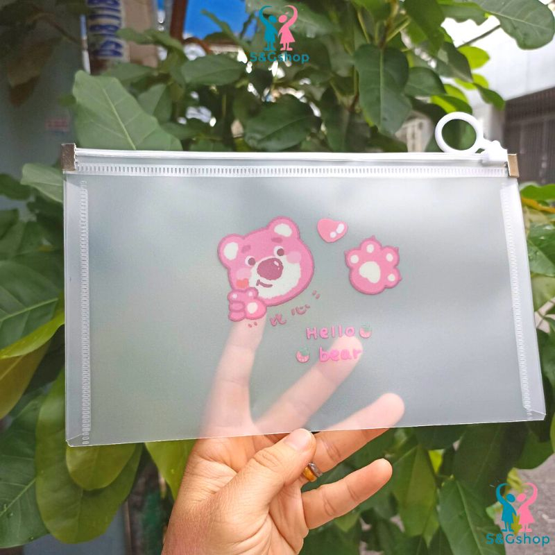 Túi đựng bút gấu dâu lotso khóa zip kích thước B6 đồ dùng học tập văn phòng phẩm làm quà tặng học sinh