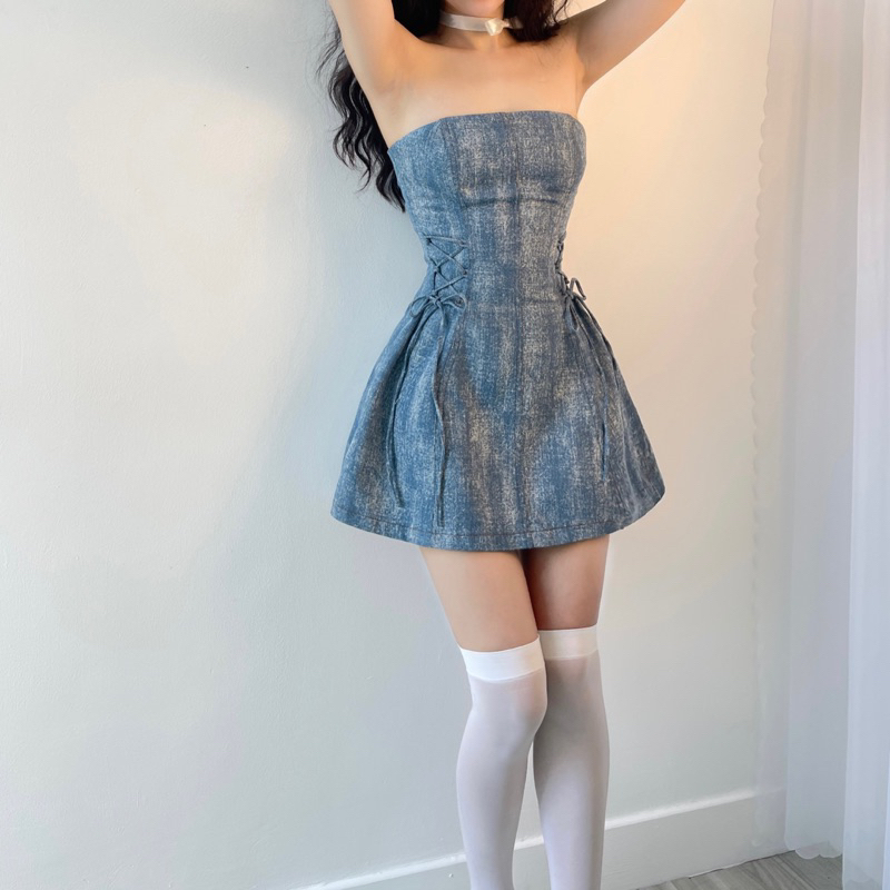 Đầm Jeans Demin Cúp Ngực Dáng Xoè Chiết Eo