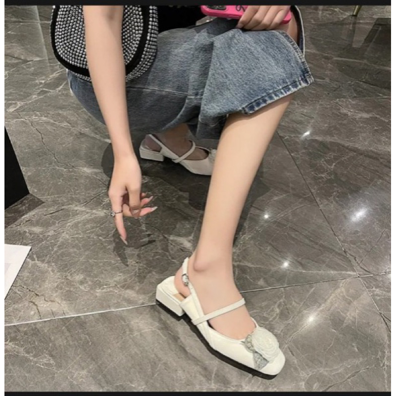 Giày búp bê nơ hoa trà cao cấp 3cm