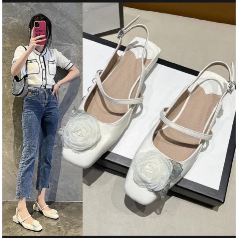 Giày búp bê nơ hoa trà cao cấp 3cm