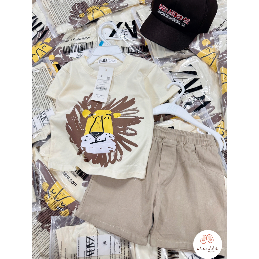 Bộ cộc tay in hình sư tử bé trai tặng kèm mũ 8-38kg Chanh Bé đồ bộ bé trai chất cotton cao cấp thoáng mát