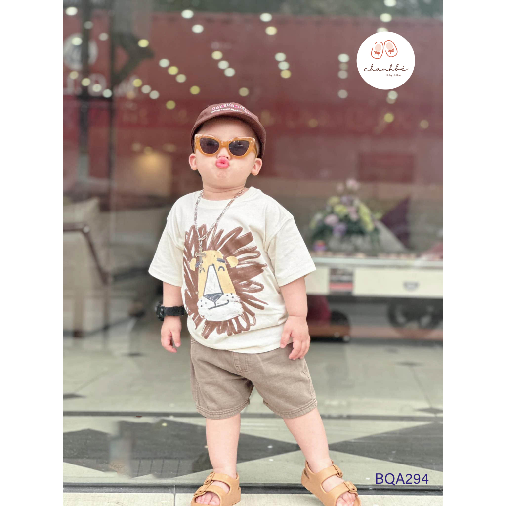 Bộ cộc tay in hình sư tử bé trai tặng kèm mũ 8-38kg Chanh Bé đồ bộ bé trai chất cotton cao cấp thoáng mát