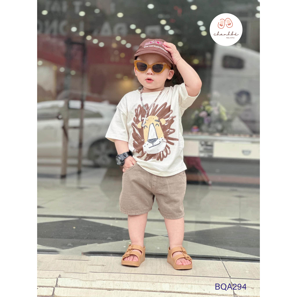 Bộ cộc tay in hình sư tử bé trai tặng kèm mũ 8-38kg Chanh Bé đồ bộ bé trai chất cotton cao cấp thoáng mát