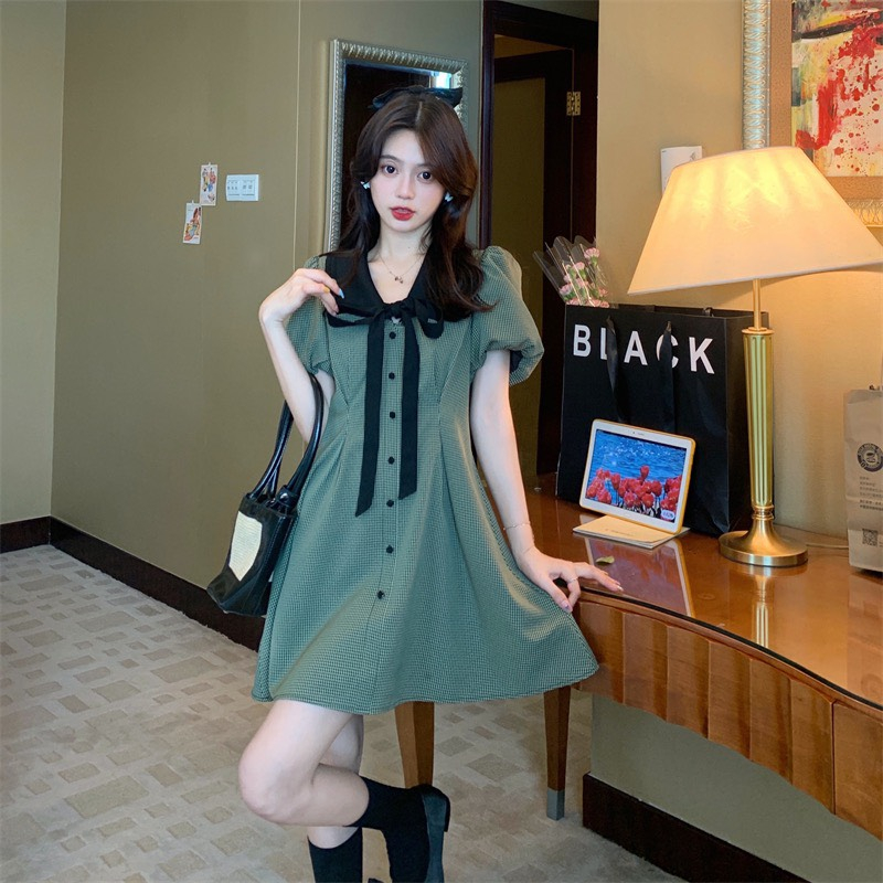 (ORDER) Váy sơ mi cổ bẻ thắt nơ phối 2 màu, tay phồng thon eo xòe ngắn kẻ sọc xanh lá điệu đà (hàng QCL1)