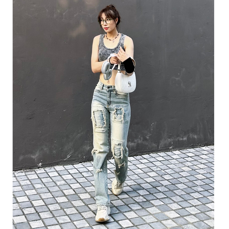 Quần Jean ống rộng, biker xếp li, dáng Slim Lexuza 0138